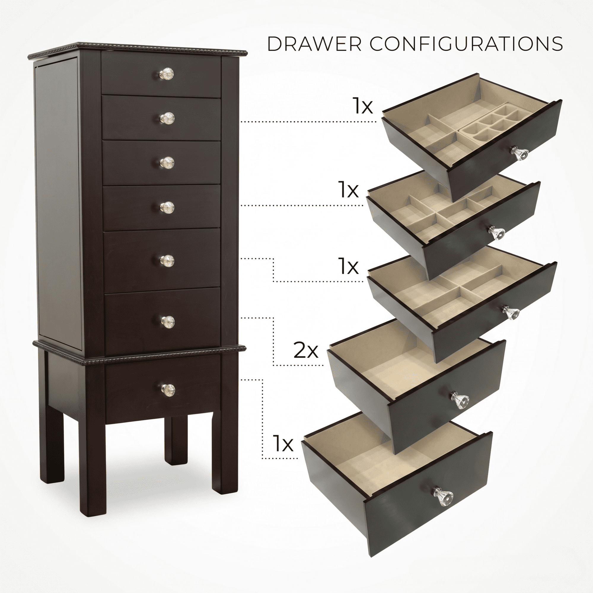 Hives & Honey - Crystal Standing Women's Wood Jewelry Armoire - Espresso