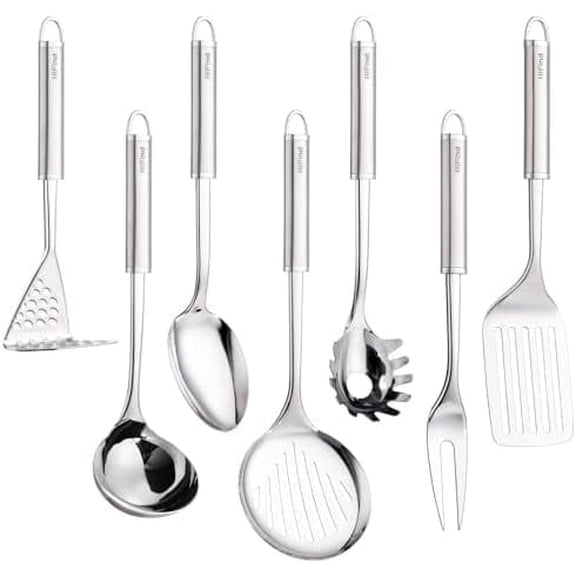 Stainless Steel Cooking Utensils 7PCS Kitchen Utensils Set, Heat Resistant Handle Utensils Set Included Ladle, Meat Fork, Slotted Spatula, Pasta Fork, Masher, Solid Spoon, Skimmer Spoon