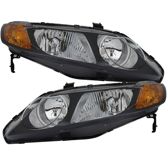 SCITOO Headlight Assembly Fit For Honda Civic 2006 2007 2008 2009 2010 2011 Headlamp in Black Housing Amber Reflector Clear Lens