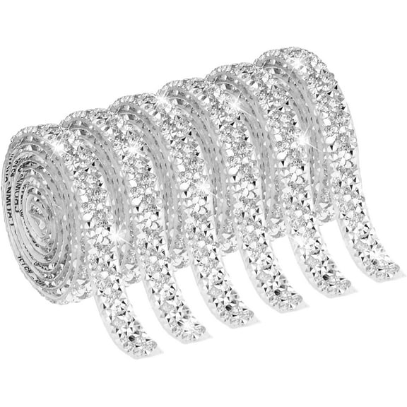 6PCS Crystal Rhinestone Ribbon Bling Diamond Ribbon Wrap Roll for Wedding Crafts DIY Resin Rhinestone Ribbons Self Adhesive Crystal Rhinestones Ribbon Stickers Birthday Cakes Decor