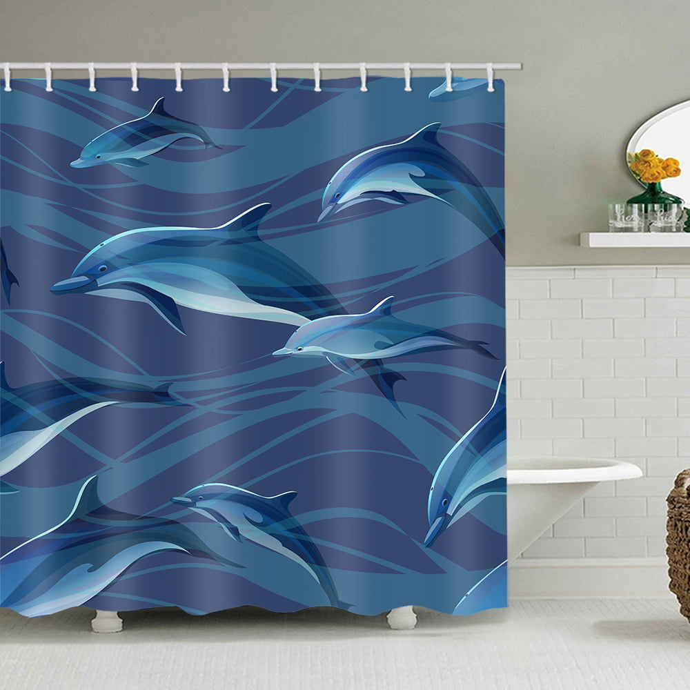Dolphin Shower Curtain Set Zig Zag Wave Ocean Vast Bathroom Decor ...