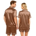 thumbnail image 4 of （Mens） Couple Matching Sets Silk Short Sleeve Button Down Sleepwear Satin Shorts Set Soft Loungewear Camel XL, 4 of 8