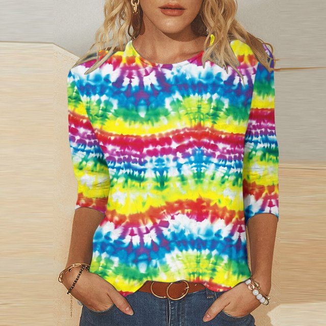 Honeeladyy - Camisetas casuales para mujer, manga 3/4, cuello redondo, color liso, verano, con estampado tie-dye, holgadas, para escuela, universidad, biblioteca (Multicolor, S)