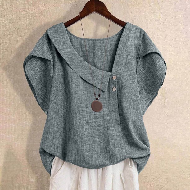 Neewe Button Down Shirts for Womens Petal Sleeve Blouses Irregular Neck Casual Summer Tops Trendy Outfits