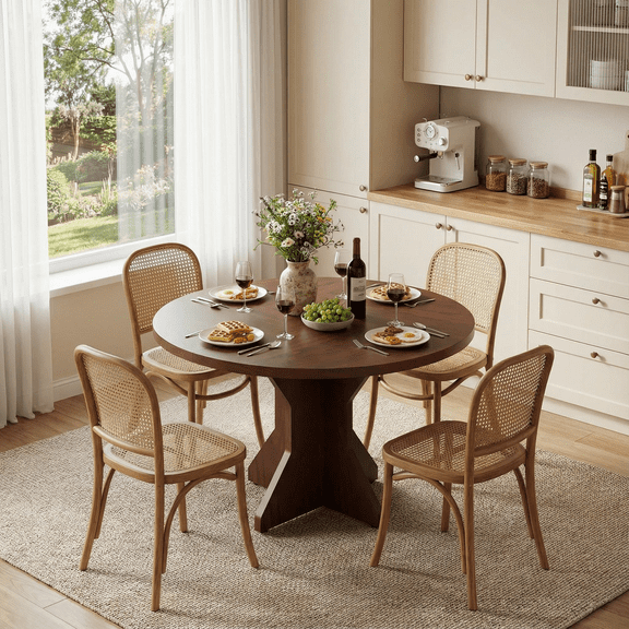 Round Table - Set for 4-6, Wooden Kitchen Table with Thickened Edge & Sturdy Pedestal 47 Inch Modern Warm Table, for Kitchen, and Living Rooms (Table Only)