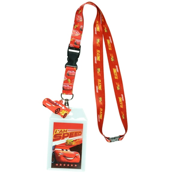 Disney Cars Lightning McQueen Blazing Forward Lanyard with Clear ID Badge Holder and 2" Rubber Race Car Charm