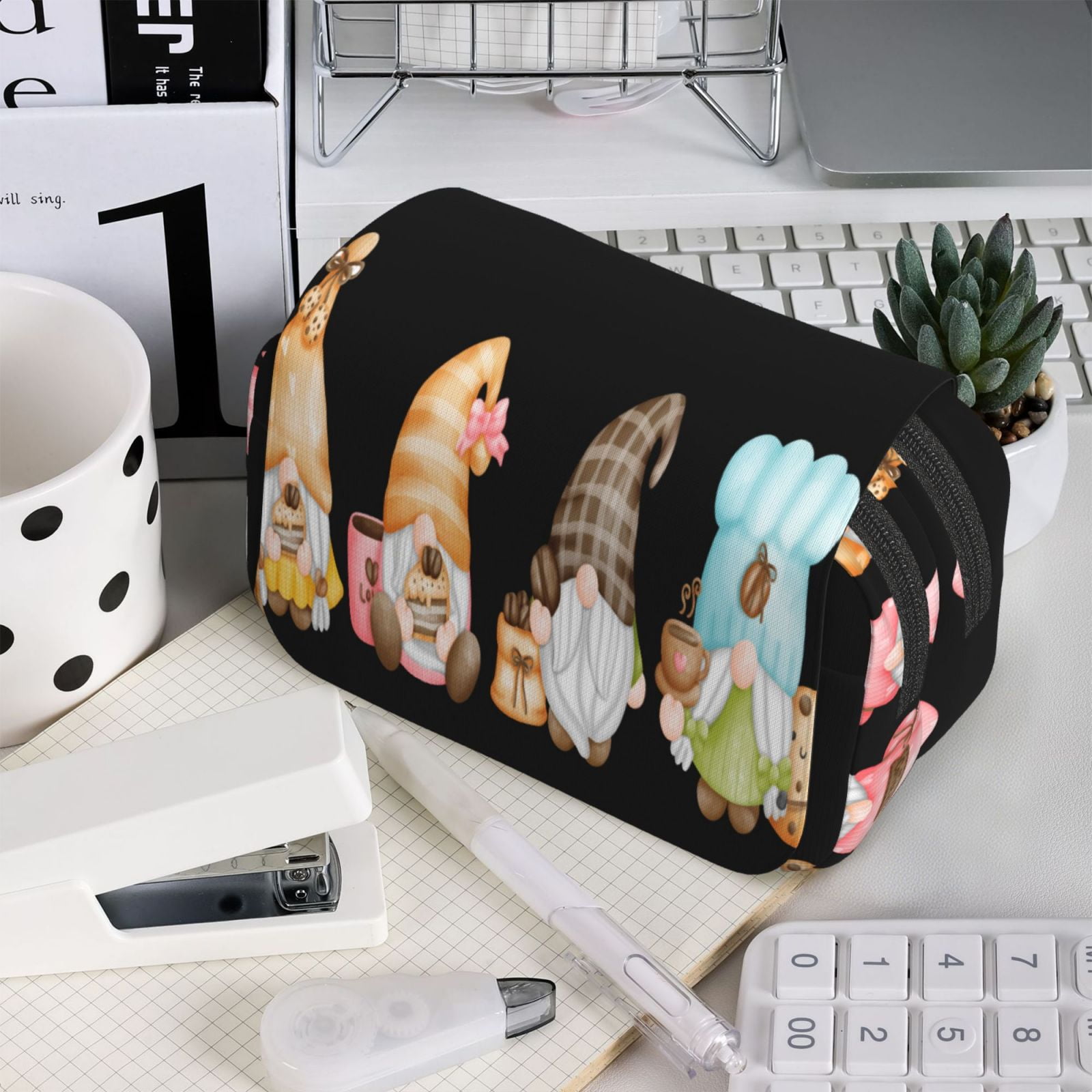 Rateoe Coffee Gnome (2) Pattern Double Clamshell Pen Case, Storage Organizer with Two Zipper Compartments– Holds Up to 50 Pencils & Pens