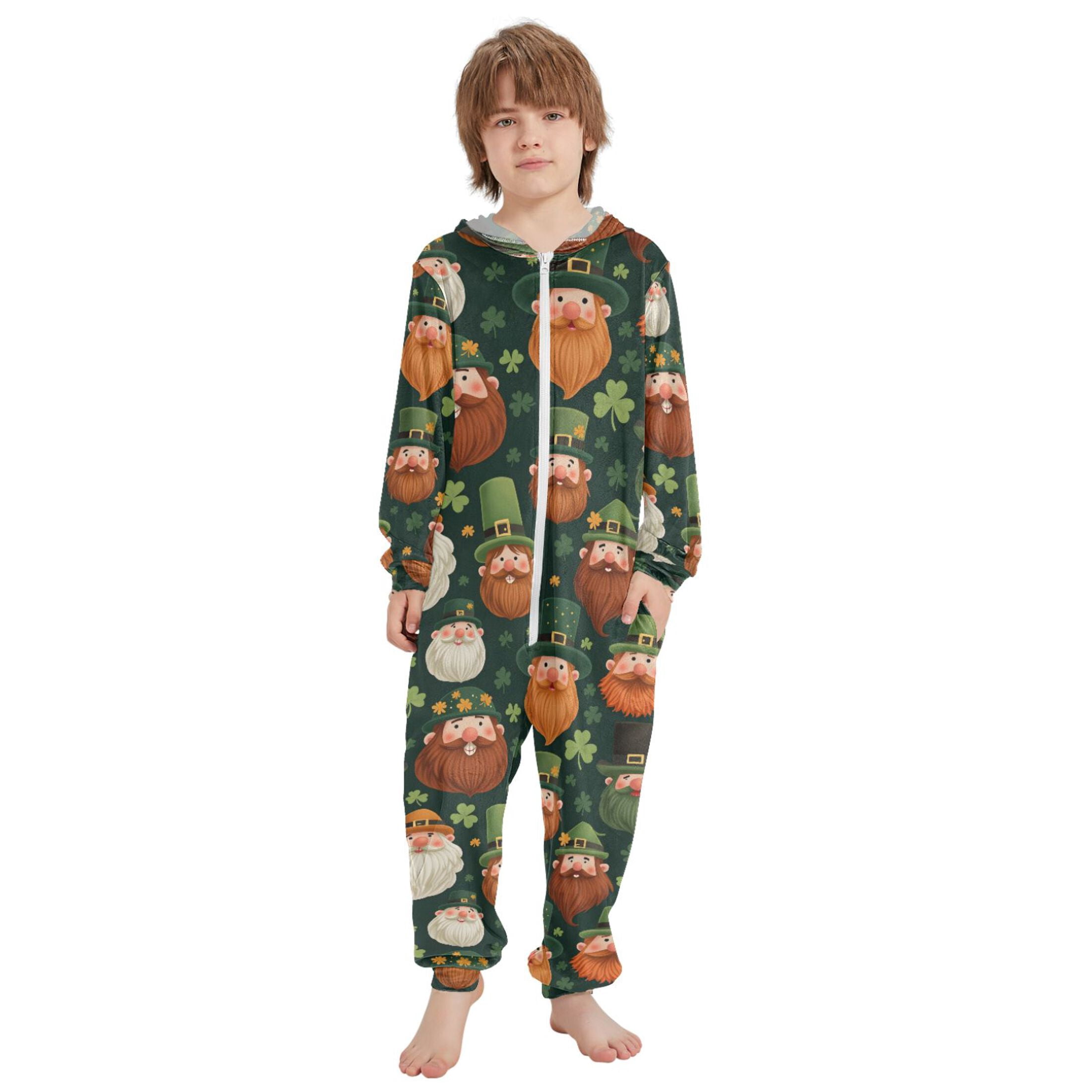 Beard Green Elf Pattern One Piece Pajamas Soft Jumpsuit Cozy Sleep and Play Romper Zipper and Pockets 13Y-14Y