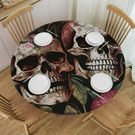 

BANET Embroidery Skull Round Table Cloth Pink Flowers Polyester Tablecloth Waterproof Tablecloth Dinning Table Cover for Indoor Outdoor Party Picnic 54 -58