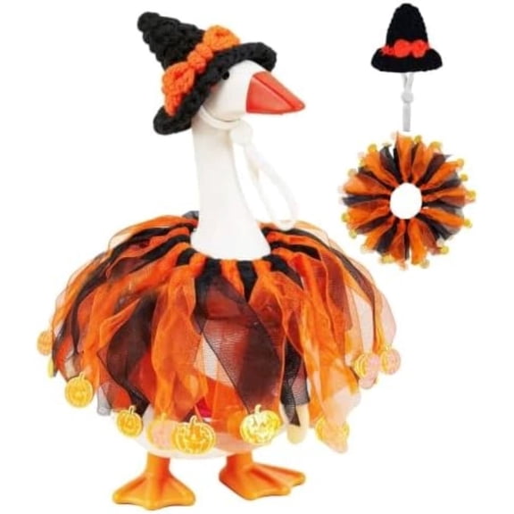 Tepsmf Desk Goose Halloween Costume Set, 7 IN Mini Goose Witch Outfit with Knitted Hat Tulle Skirt, Seasonal Dress for Small Table Goose Statue Decor