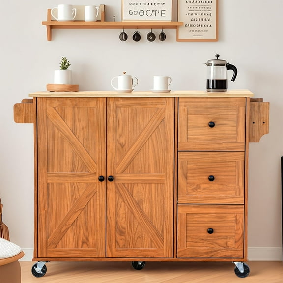 ZZBIQS Kitchen Island Cart with 2 Adjustable Shelves, 3 Drawers, Spice Rack, Mobile Kitchen Storage Cabinet Coffee bar with Lockable Wheels, Brown