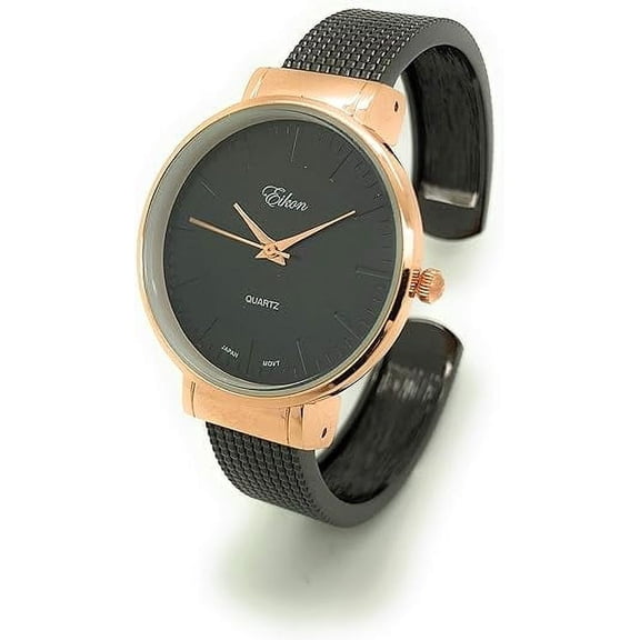 Ladies Round Elegant Metal Bangle Cuff Fashion Watch Eikon (Black)