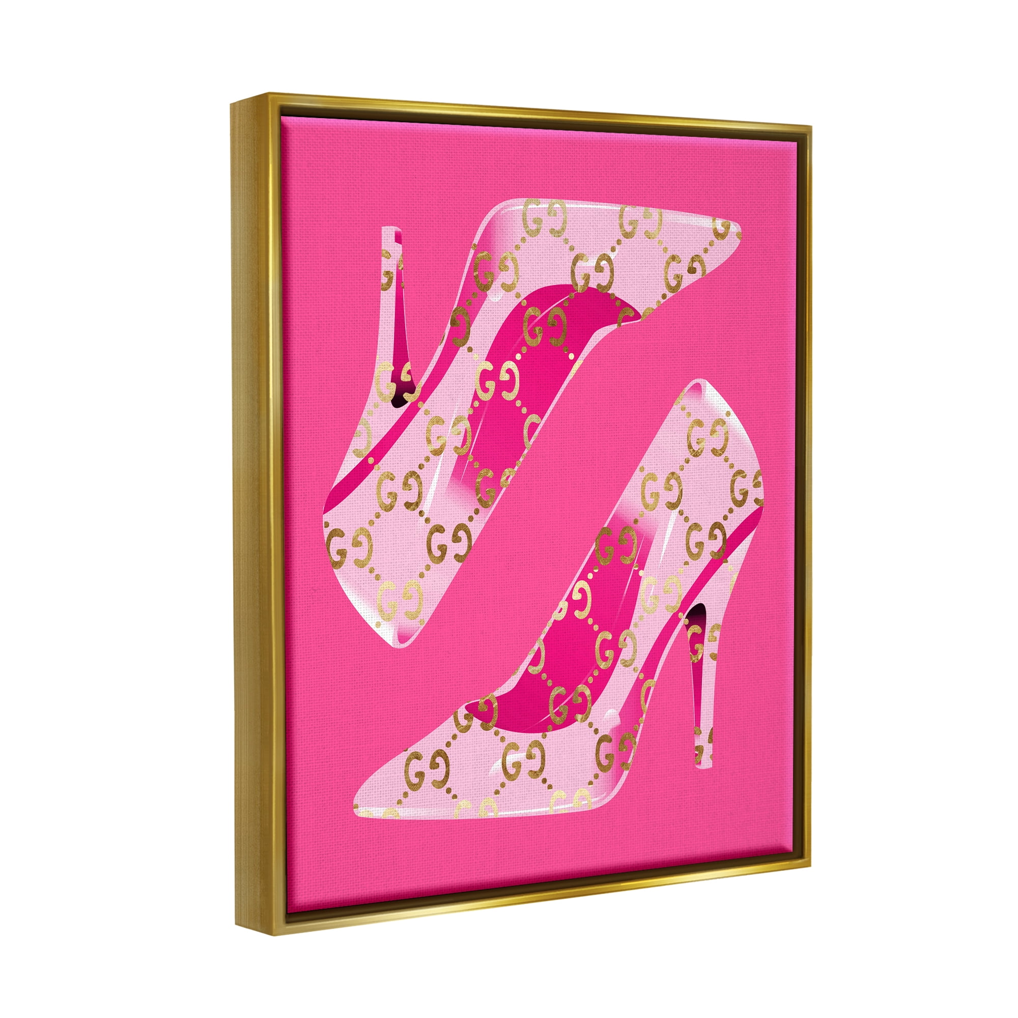 Stupell Industries Pink Glam Brand Shoes Beauty & Fashion Painting Gold Floater Framed Canvas Art Print Wall Art, 17 x 21