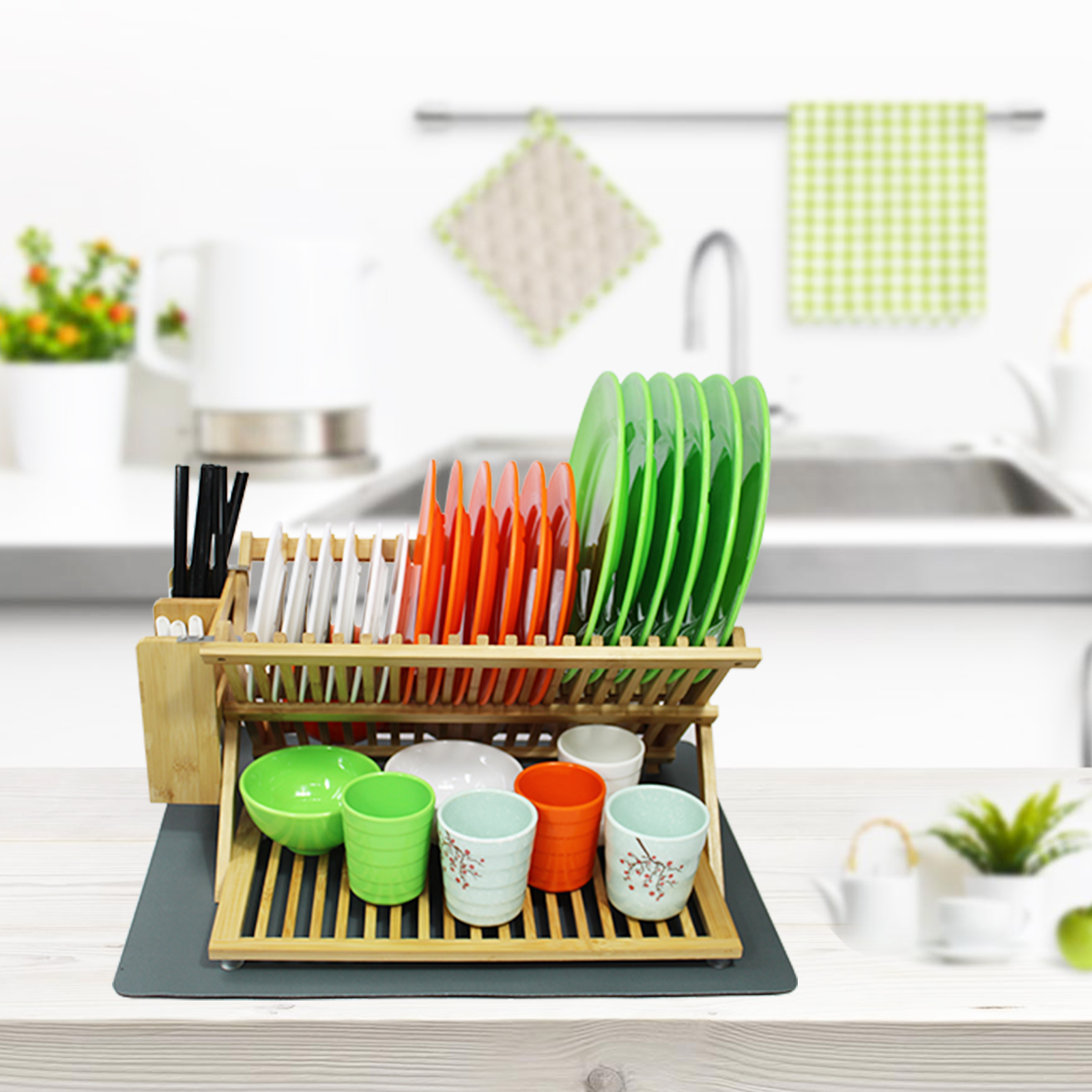 3 Tier Bamboo Dish Drying Rack with Utensil Holder, Collapsible Dish Rack, Large Dish Racks for Kitchen Counter, Wooden Folding Dish Drainer with Dish Drying Mat, with Drying Mat