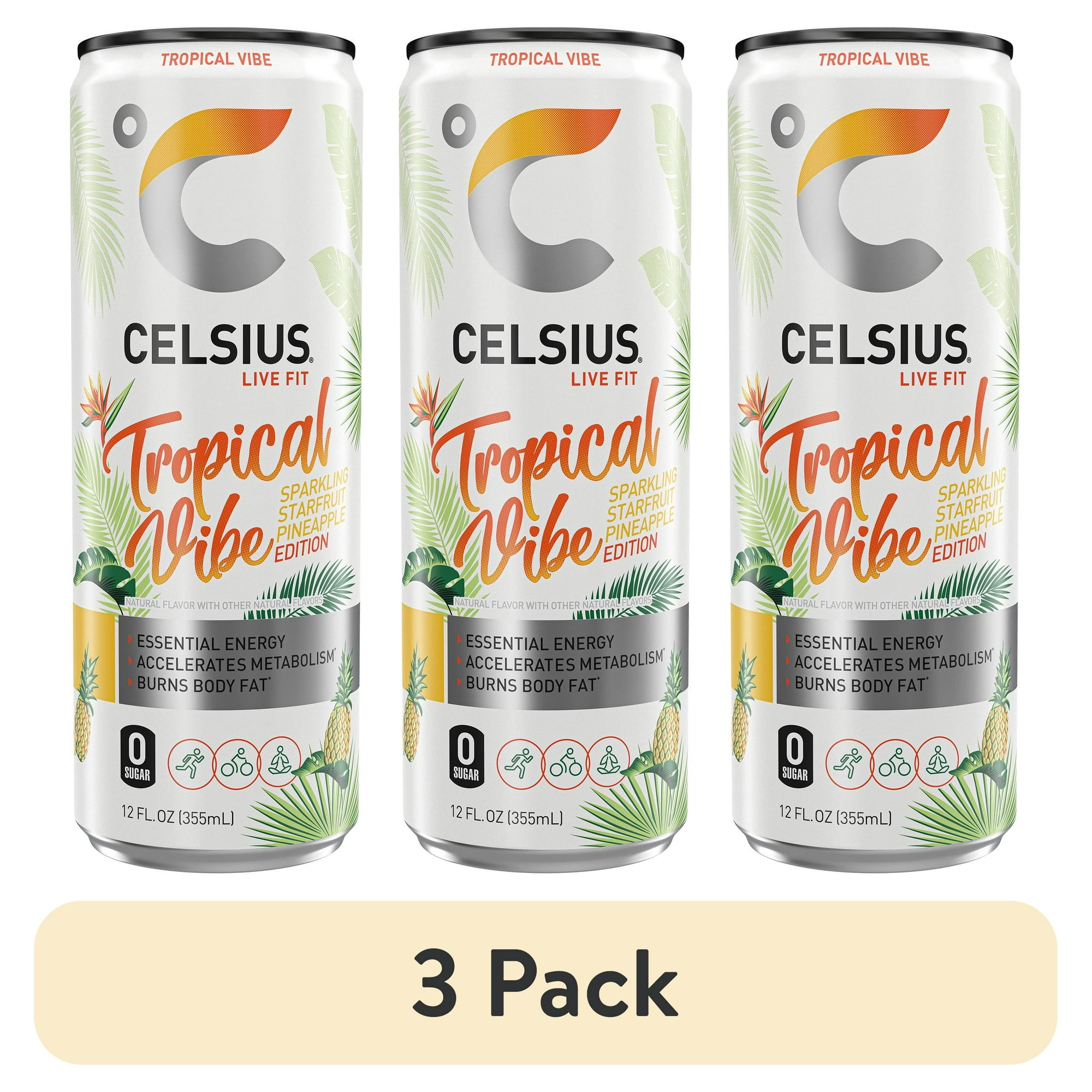 (3 pack) CELSIUS Sparkling Tropical Vibe, Functional Energy Drink 12 fl oz Single Can