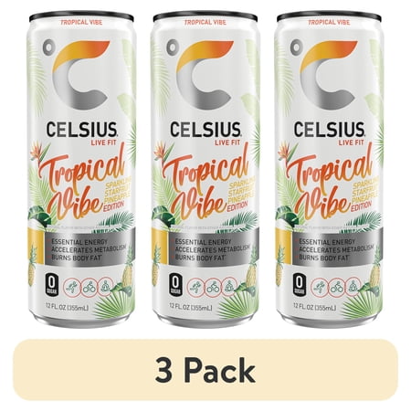 (3 pack) CELSIUS Sparkling Tropical Vibe, Functional Energy Drink 12 fl oz Single Can