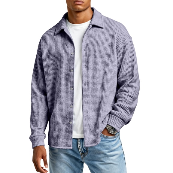 OIOLOYJM Men's Shirts Solid Formal Work Long Sleeve Waffle Knit Shirts Regular Button-Down Clothing Vintage Collared T shirt Light Purple 2XL