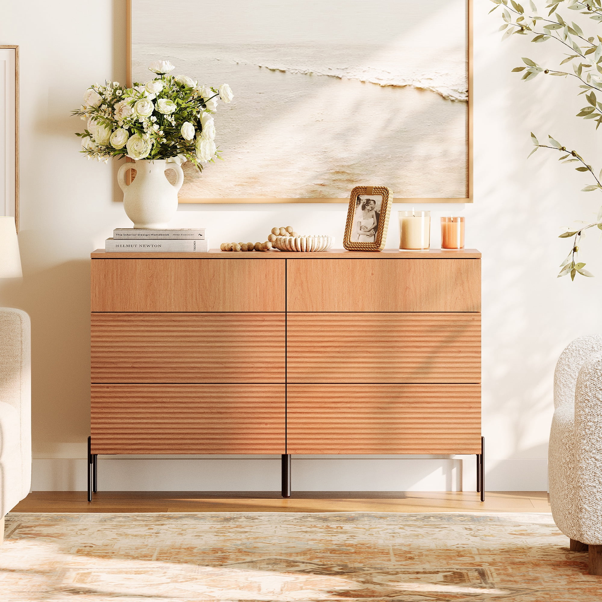 6 Drawer Dresser And Nightstand Set For Bedroom, 2 Pcs Bedroom Set With Minimalist Reeded Design, Oak Double Dresser With Hidden Handles