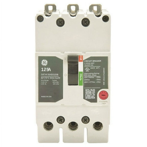 GE TEYD3040B Molded Case Circuit Breaker, 40 A, 277/480V AC, 3 Pole, Bolt On Panelboard Mounting Style