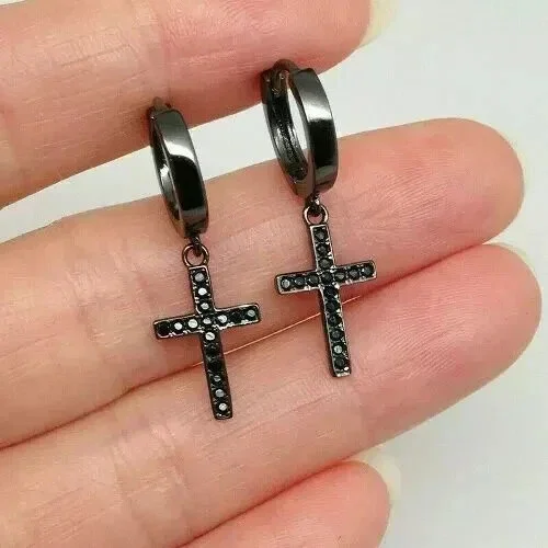Men's Cross Dangle Huggie Hoop Earrings 1Ct Round Cut Simulated Black Diamond 14K Black Gold Plated 925 Sterling Silver