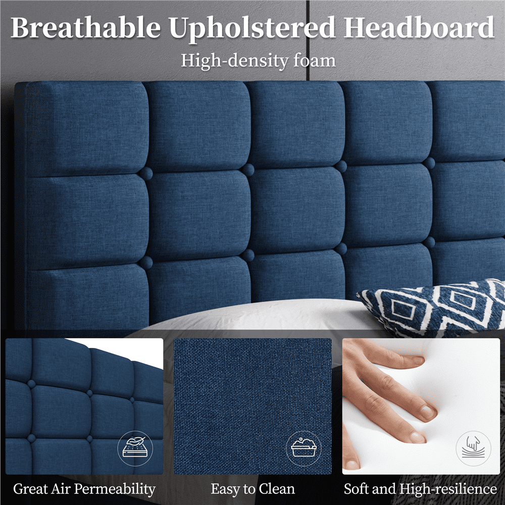 Fullfurnique Upholstered Platform Bed Frame with Square Tufted Headboard, Full, Navy Blue