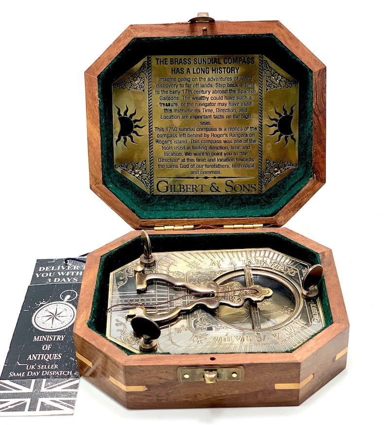Antique Nautical Sundial Pendulum Compass Engrave Gilbert & Sons London Sundial Compass 4.5" Brass Navigation Compass with Wooden Box