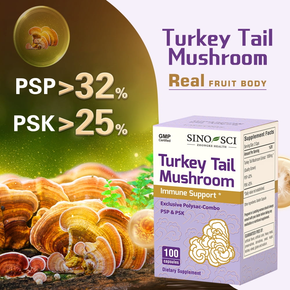 Sino-Sci Turkey Tail Mushroom Organic Supplement, for Immune Support, Sleep Aid & Anti-Anxiety, Brain Booster, Non-GMO Fruit Body,100 Capsules