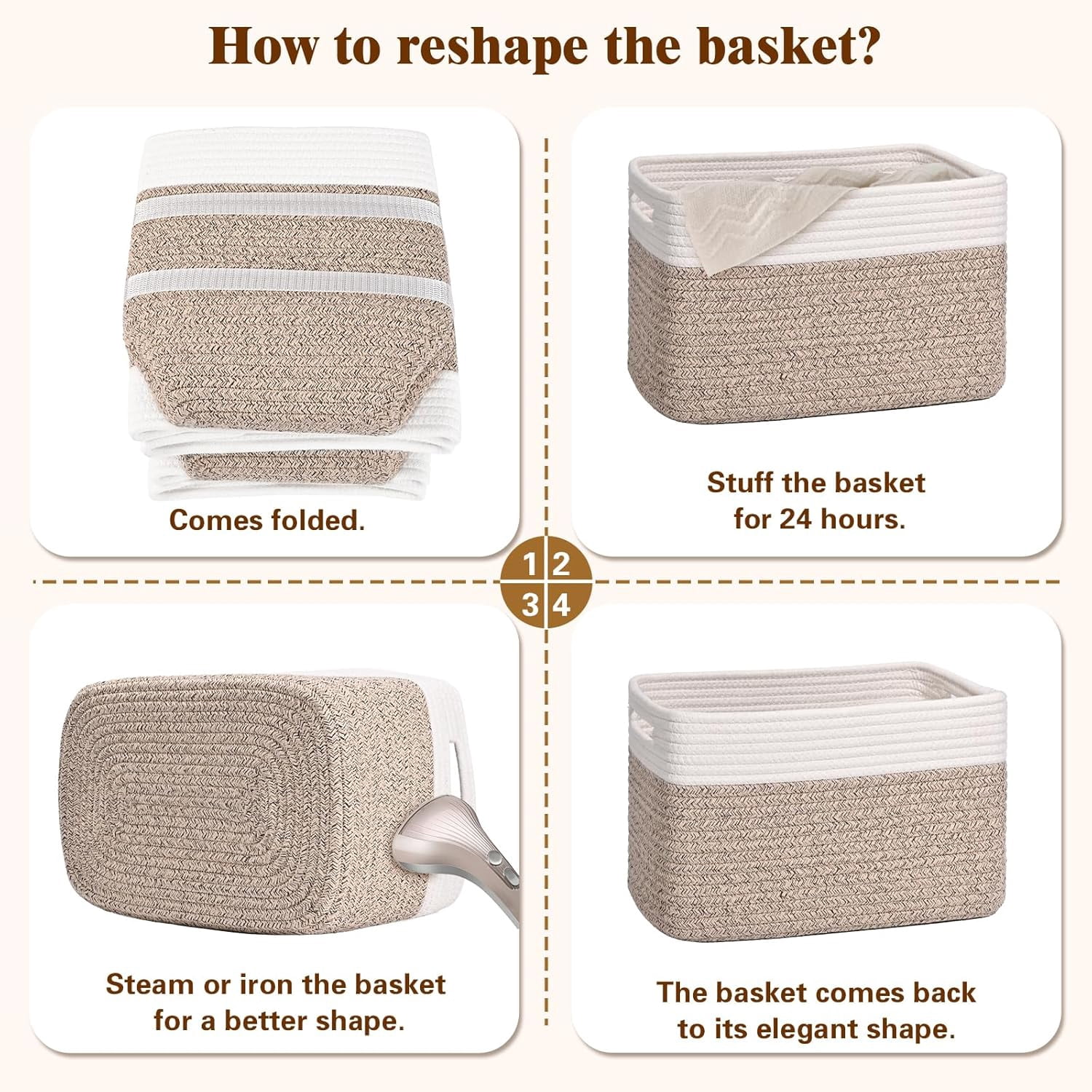 Natubeau 4 Pack Woven Storage Basket for Shelves, 13"x9"x8" Cotton Rope Woven Baskets for Organizing, Square Storage Bins with Handle, Brown & White