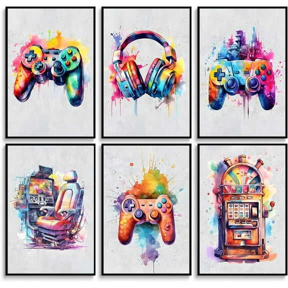 6Pcs Cool Gaming Wall Art Color Game Handle Earphone Graffiti Theme Canvas Paintings Prints Neon Light Posters Pictures Banksy Pop Art Wall Decor Wall Decor for Boys Room Kids Game Room Accessories