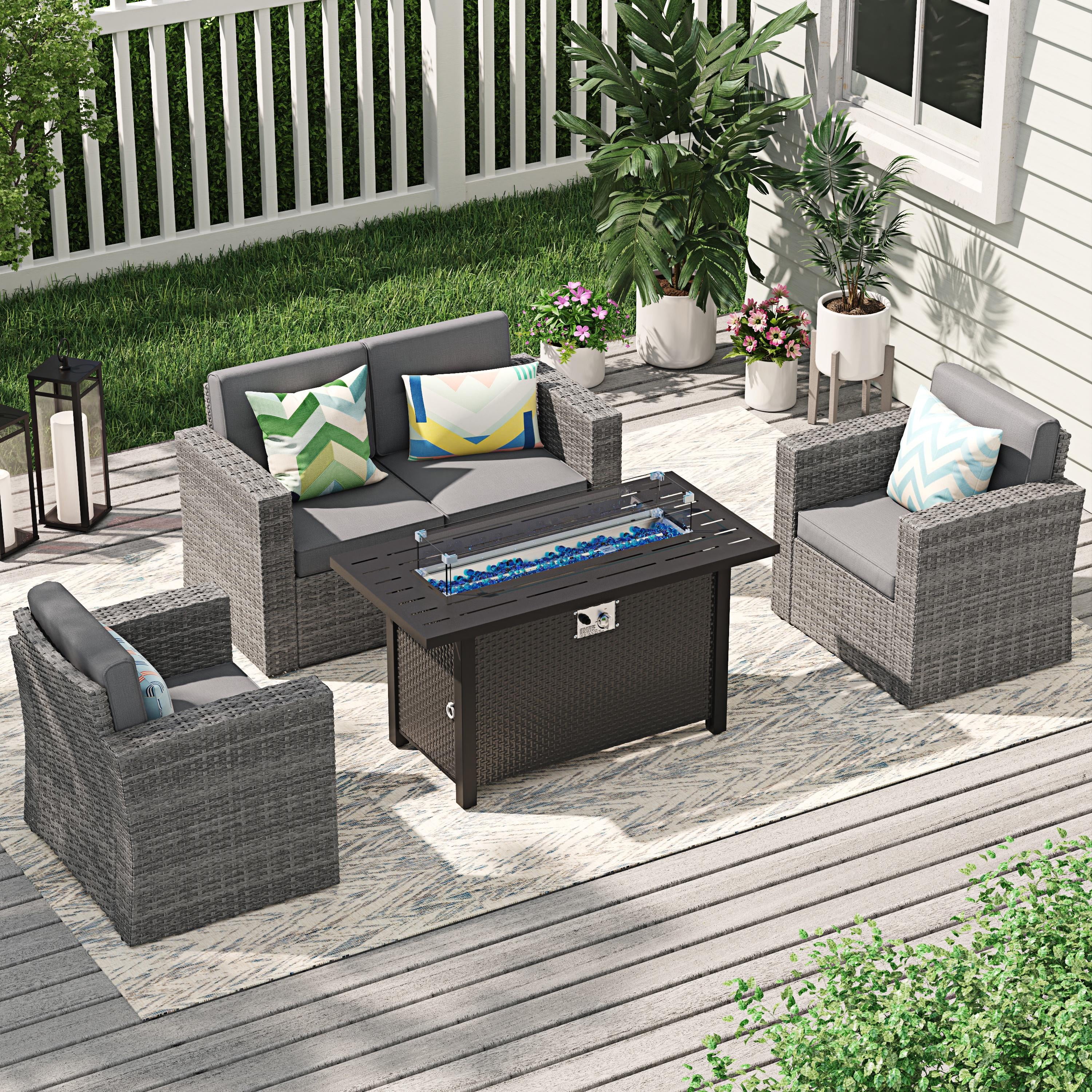 JOIVI 45” Propane Fire Pit, 50,000 BTU Gas Fire Pit Table with Glass Wind Guard and Waterproof Cover, Outdoor Heating Firepit Table for Patio, Yard, Balcony