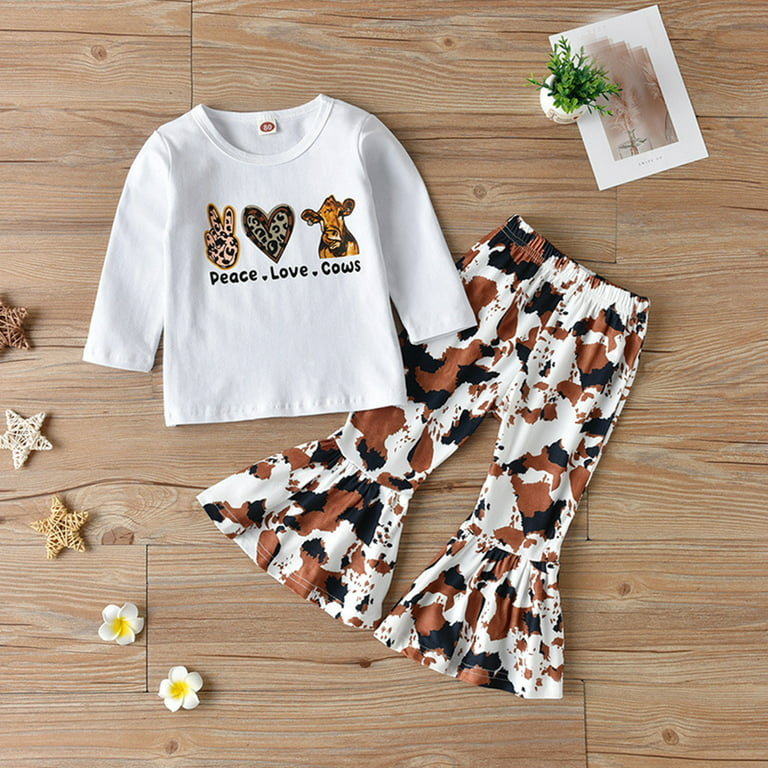 ZHAGHMIN Girls Clothes 8-10 Years Old Toddler Girls Winter Long Sleeve  Monogrammed Tops Brown Cow Print Bell Bottoms 2Pcs Set Outfits Sweatpants  Teens