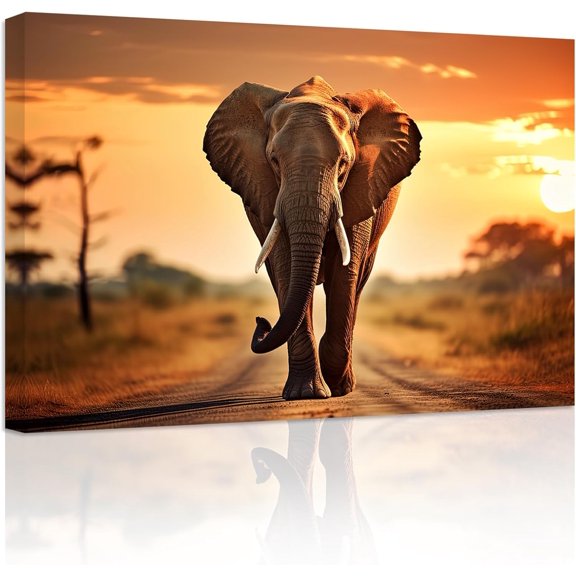ZHONGYUTONG Elephant Canvas Wall Art African Wild Animal Painting Prints Sunset Forest Elephant Pictures Office Wall Decor Framed (12.00" x 18.00")