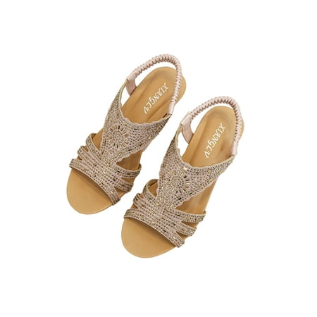 

Zodanni Women s Sandals Slip On Shoes Peep Toe Wedges Beach Wedge Sandal Summer Comfortable Rhinestones Heels Apricot 9