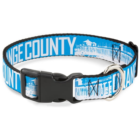 Buckle-Down Pet Collar, Dog Collar Plastic Buckle, Orange County Pier Scene Blue White, 7 to 8.5 Inches 0.5 Inch Wide