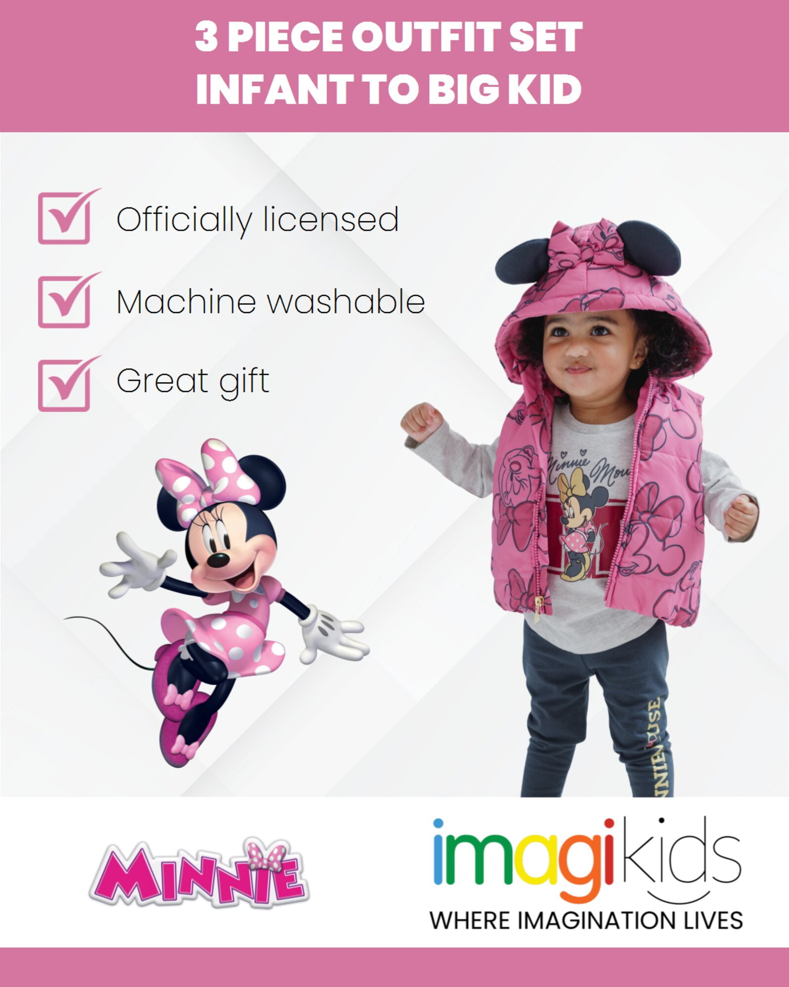 Disney Minnie Mouse Toddler Girls Zip Up Vest Puffer T-Shirt and Leggings 3 Piece Outfit Set Infant to Big Kid