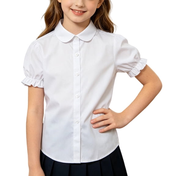 Oiangi Girls Ruffled Short Sleeve Blouses Peter Pan Collar Button Down Shirts for Back to School White 3 Years