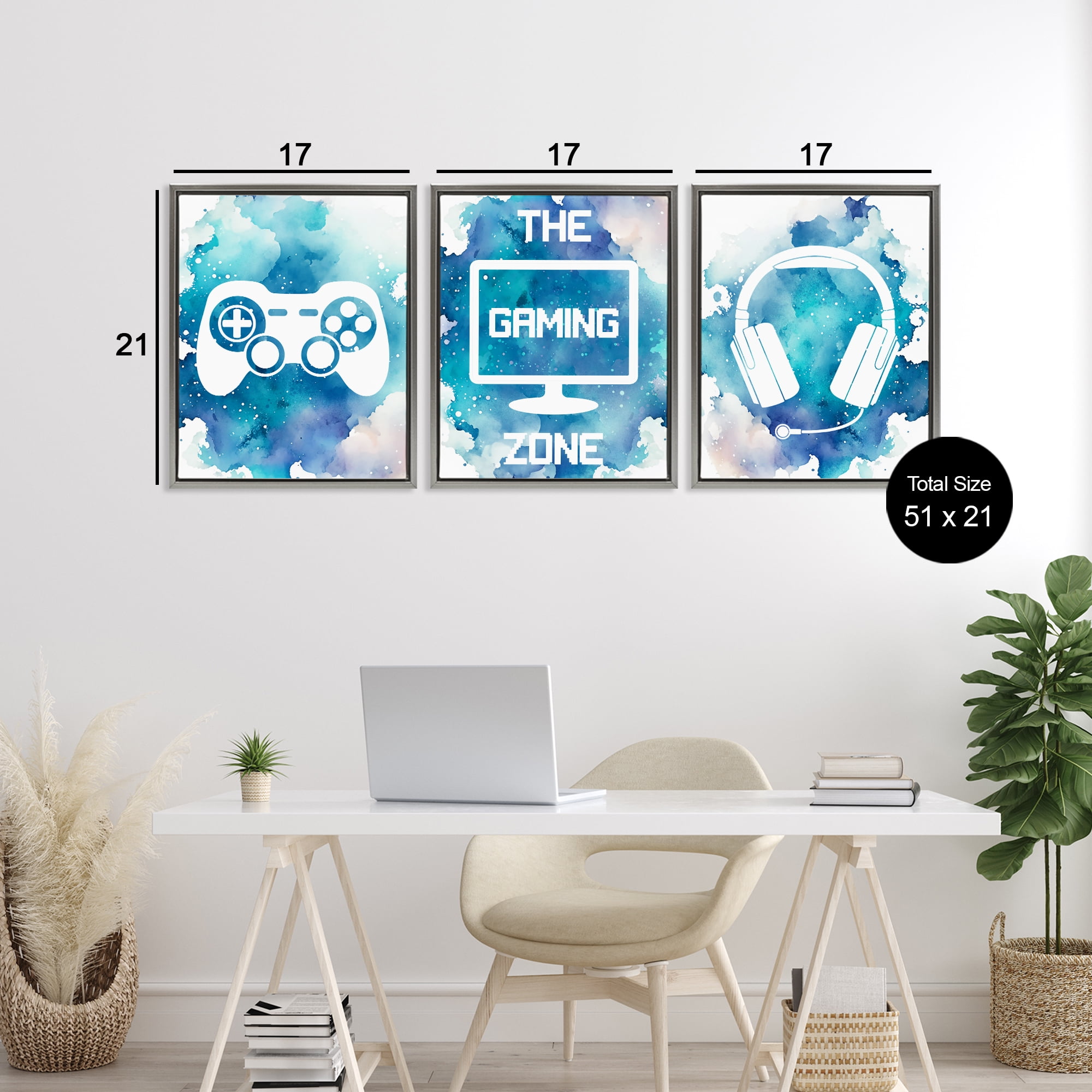 Blue Gamer Splatters 3 Piece Gray Framed Floater Canvas Set, design by Marcus Prime