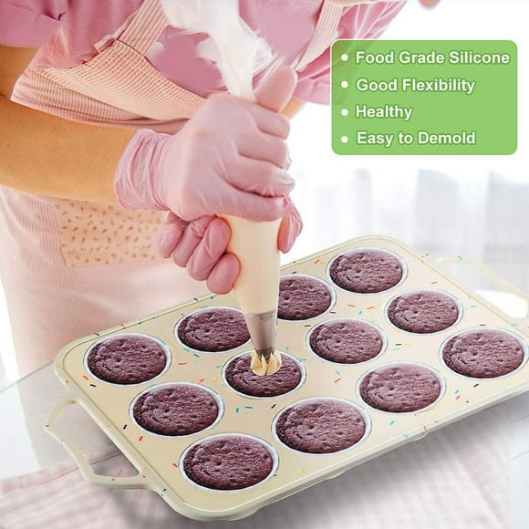12 Cups Silicone Muffin Tray Nonstick Muffin Silicone Mold Cupcake Tins Cupcake Tray for Baking Silicone Muffin Mould with Built-in Metal Edging Handle
