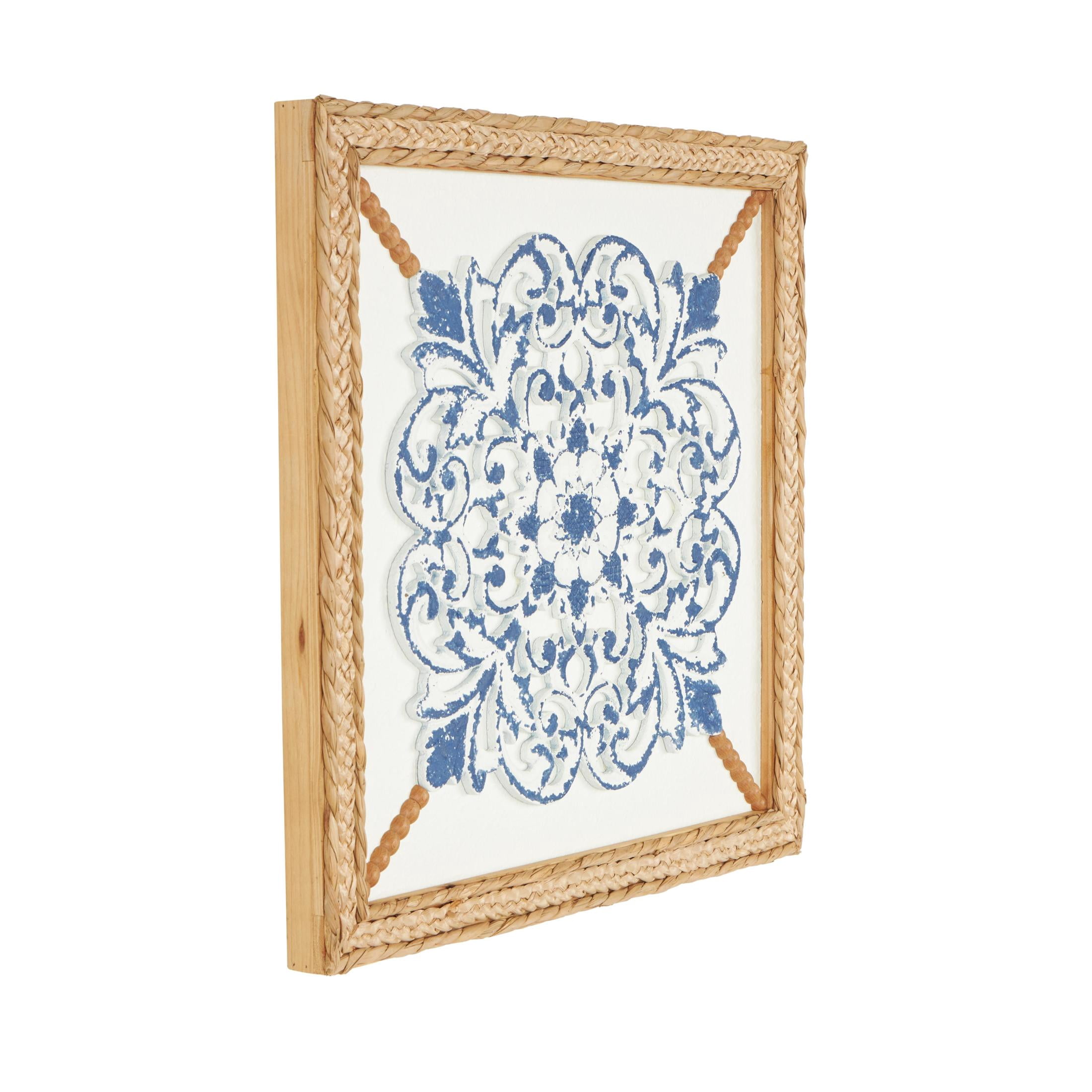DecMode Blue Wood Relief Floral Wall Decor with Brown Woven Seagrass Frame and White Backing