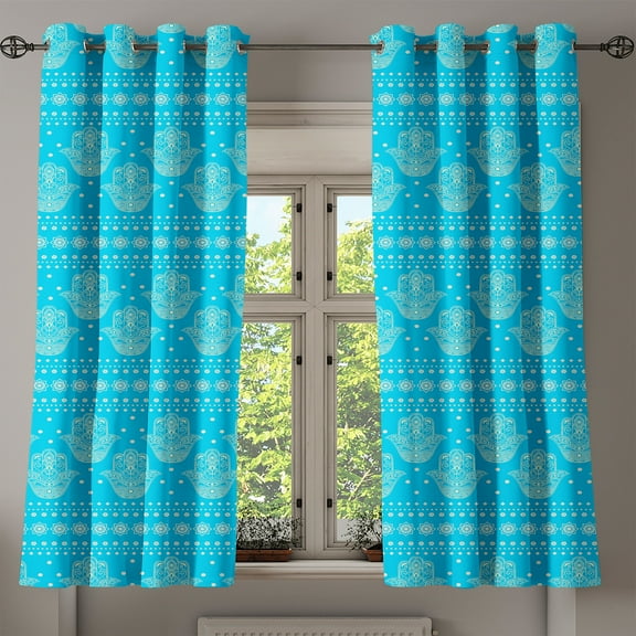 Ambesonne Hamsa Grommet Curtain, Eastern Cultural Floral, 50" x 63", Blue