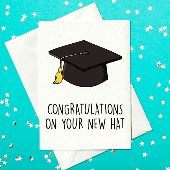 Graduation Card - "Congratulations on Your New Hat" Design - Envelope Included, Blank Inside - Perfect for High School, College, or University Graduates