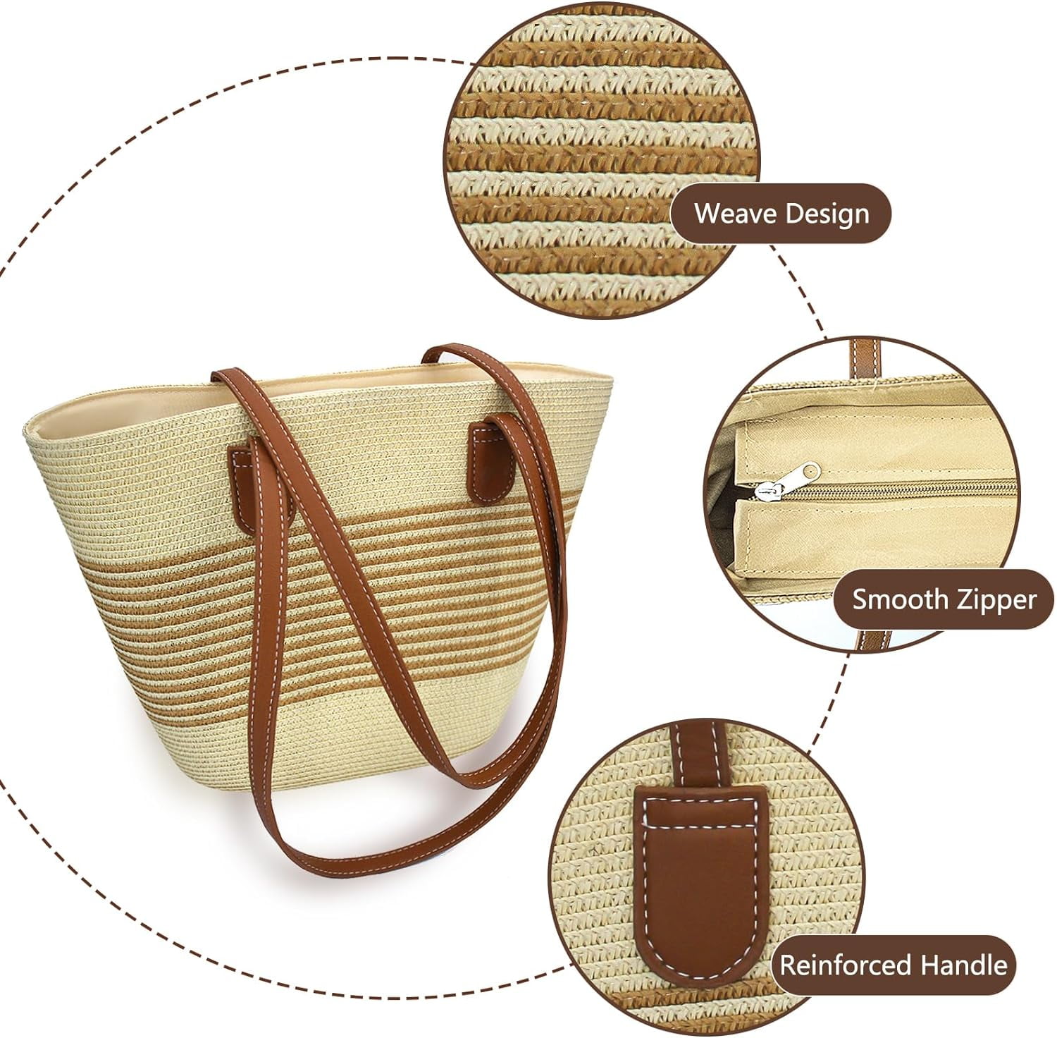 Straw Beach Tote Bag for Women, Large Woven Purse with Zipper for Summer Travel, Beach Vacation Shoulder Bag