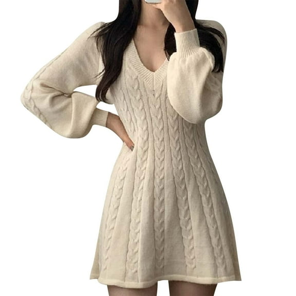 Kaemgyyd Fall Dresses for Women Casual Oversized V Neck Pullover Dress Loose Long Sleeve Cable Knit Mini Dress