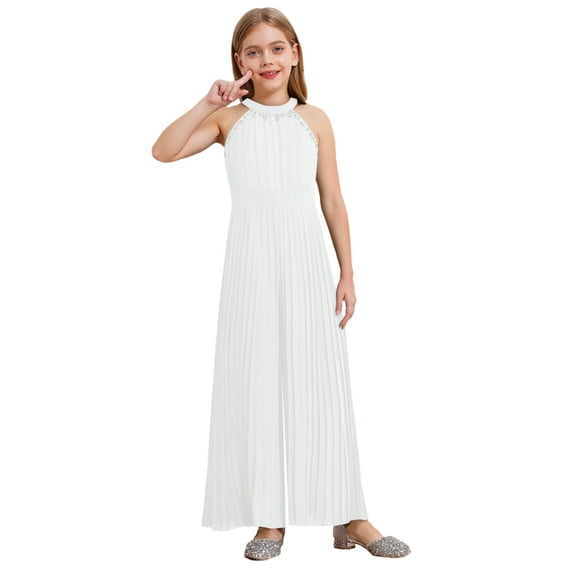 TiaoBug Kids Girls Formal Dress Jumpsuit Pleated Chiffon Long Pants Romper Elegant Prom Party Pageant Gown White 8