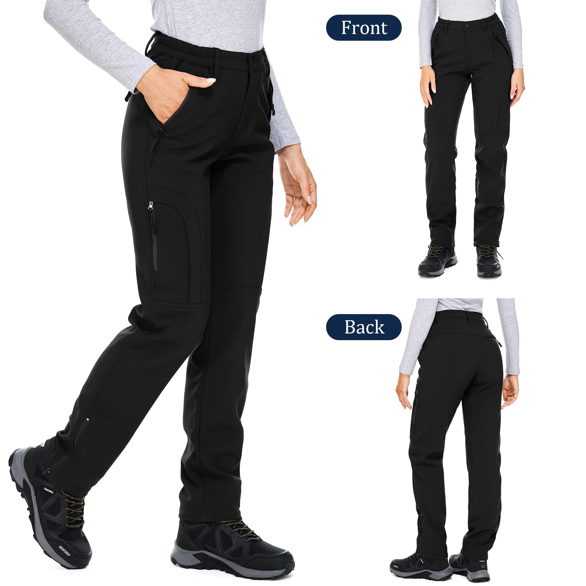 FEN AI Women's Fleece Lined Snow Pants Water Repellent Insulated Softshell Pants Outdoor Snow Ski Pant Winter Warm Hiking Trousers Black
