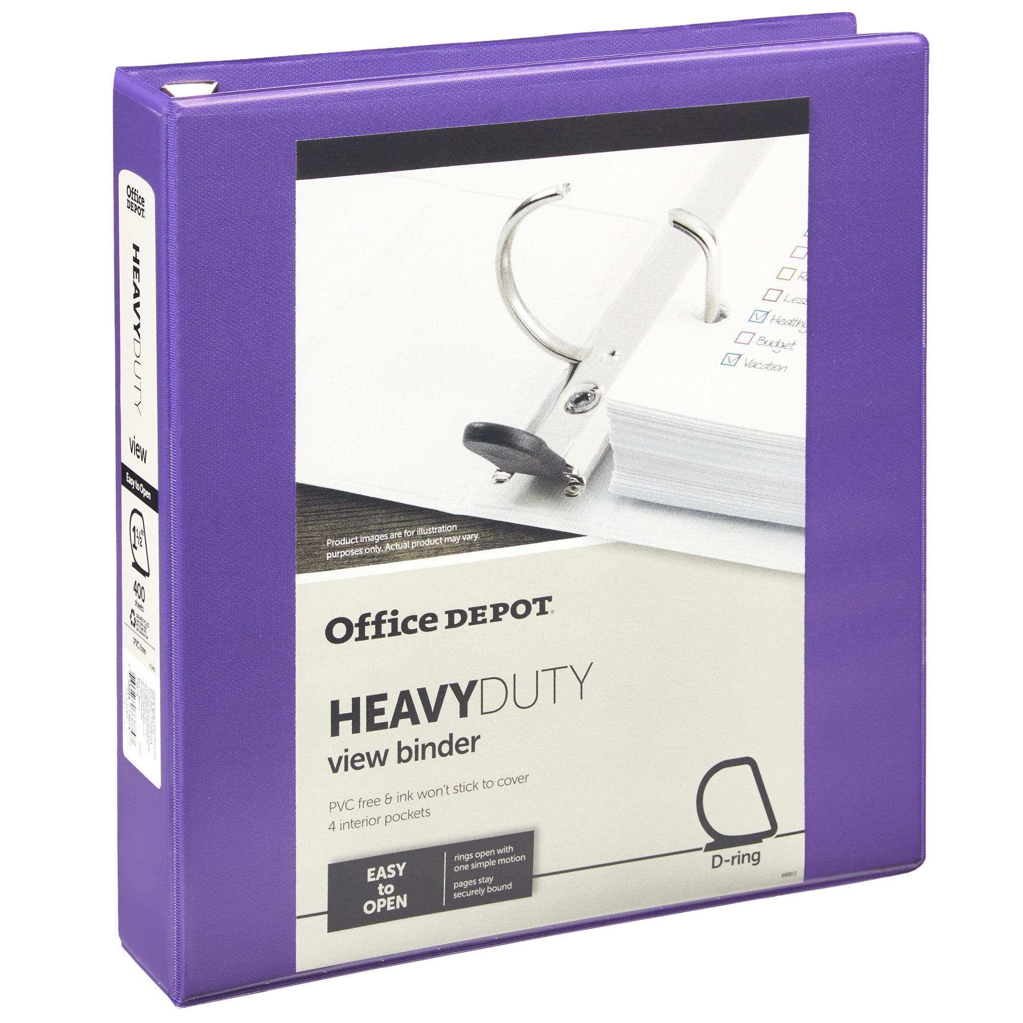 Office Depot® Brand Heavy-Duty D-Ring View Binder, 1 1/2' Rings, 54% Recycled, Purple