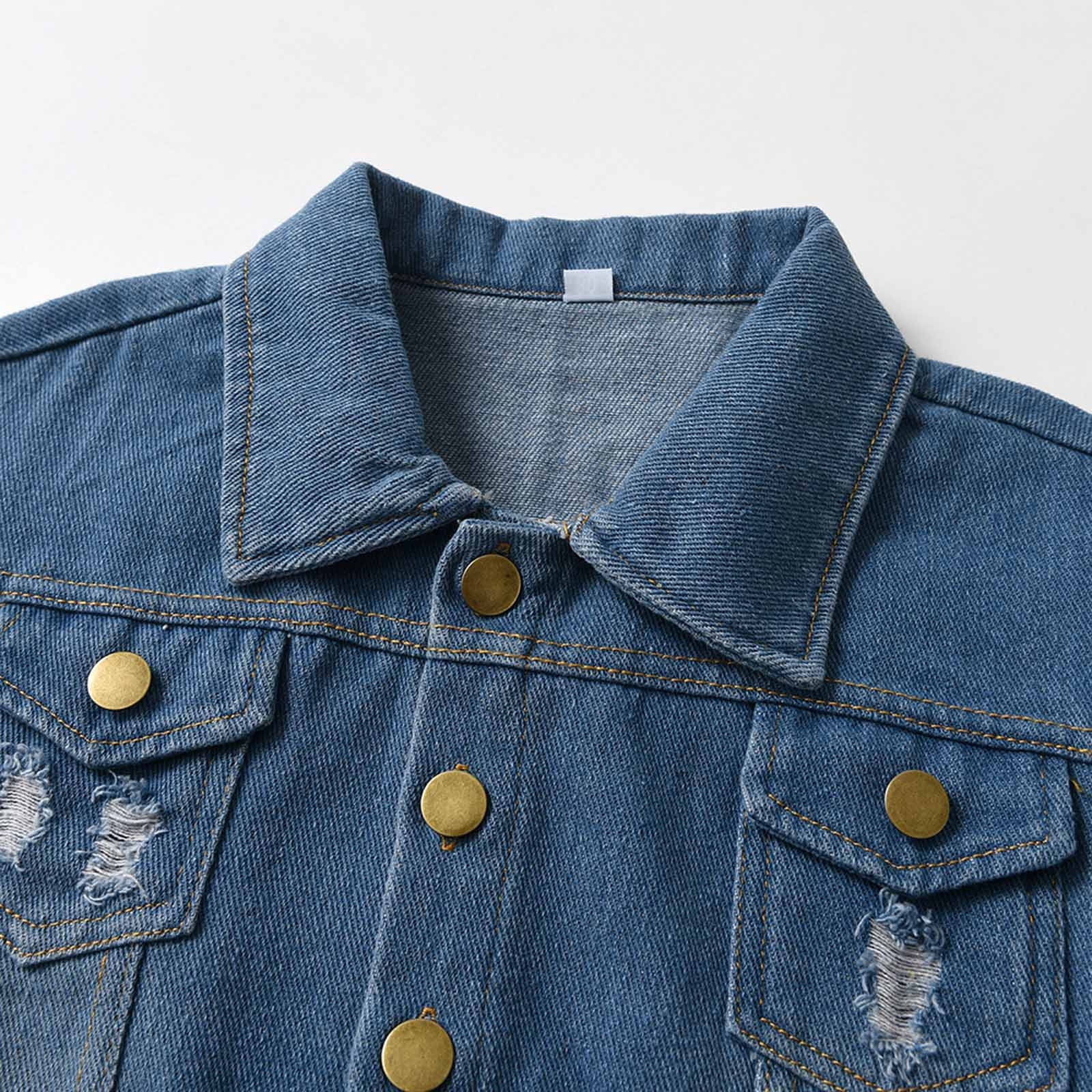 Zpanxa Girls Jean Jacket Girls Distressed Frayed Washed Denim Jacket Casual Lapel Jean Coat for Kids Ripped Vintage Trucker Jacket Lightweight Spring Fall Outerwear