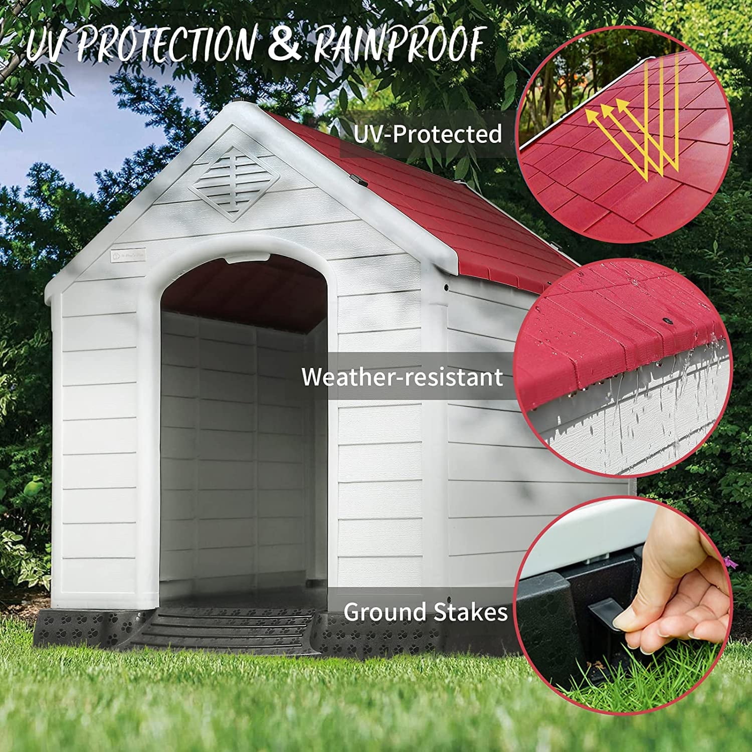 Waleaf Durable Waterproof Plastic Dog House for Small to Large Sized Dogs, Indoor Outdoor Doghouse with Elevated Floor