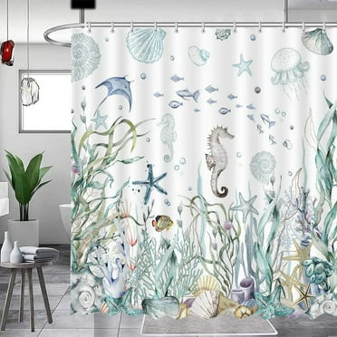 Nautical Shower Curtain Coral Seashell Beach Shower Curtains for Bathroom Decor Under The Sea Themed Bathroom Shower Washable Durable Fabric Shower Curtains 72x72 in