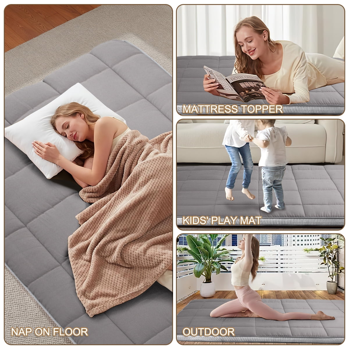 CshidWorld Japanese Floor Mattress, Futon Mattress w/Storage Bag & Washable Cover, Roll up Floor Mattress 4” Thick Tatami Mattress Quilted Bed Mattress Topper for Dorm, Guest Room, Gray, Queen